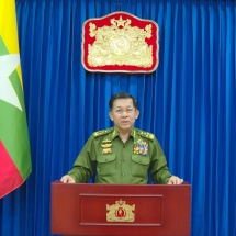 Chairman of State Administration Council Prime Minister Senior General Min Aung Hlaing delivers remarks on the powerful earthquake 