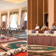 နှစ်(၈၀)ပြည့် တပ်မတော်နေ့အခမ်းအနားသို့ တက်ရောက်ကြမည့် အငြိမ်းစား တပ်မတော်အရာရှိကြီးများအား နိုင်ငံတော်စီမံအုပ်ချုပ်ရေးကောင်စီဥက္ကဋ္ဌ တပ်မတော်ကာကွယ်ရေးဦးစီးချုပ် ဗိုလ်ချုပ်မှူးကြီး မင်းအောင်လှိုင်နှင့်ဇနီး ဦးဆောင်သည့် တပ်မတော်(ကြည်း၊ ရေ၊ လေ) မိသားစုများက ဂါရဝပြုကန်တော့