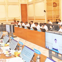 Financial Commission Chairman SAC Chairman Prime Minister Senior General Min Aung Hlaing addresses the meeting of Financial Commission