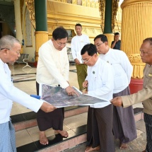 Chairman of State Administration Council Prime Minister Senior General  Min Aung Hlaing inspects National Library (Nay Pyi Taw) and parts of platform  of Uppatasanti Pagoda and religious buildings damaged by Mandalay earthquake
