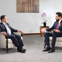 Chairman of State Administration Council Prime Minister Senior General Min Aung Hlaing answers questions of RT TV Channel and Krasnaya Zvezda daily of Russian Federation at media interviews