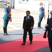 နိုင်ငံတော်စီမံအုပ်ချုပ်ရေးကောင်စီဥက္ကဋ္ဌ နိုင်ငံတော်ဝန်ကြီးချုပ် ဗိုလ်ချုပ်မှူးကြီးမင်းအောင်လှိုင် ဦးဆောင်သည့် မြန်မာအဆင့်မြင့်ကိုယ်စားလှယ်အဖွဲ့ မဟာမျိုးချစ်စစ်ပွဲကြီး‌အောင်ပွဲ နှစ်(၈၀)ပြည့် အထိမ်းအမှတ်စစ်ရေးပြအခမ်းအနားသို့ ပါဝင်တက်ရောက်