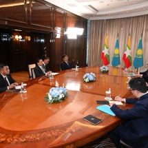 SAC Chairman Prime Minister Senior General Min Aung Hlaing meets Kazakhstani President H.E. Mr. Kassym-Jomart Tokayev