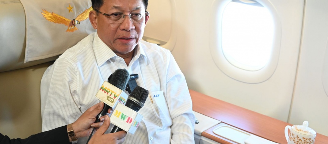 SAC Chairman Prime Minister Senior General Min Aung Hlaing who attended the the military parade to mark the 80th Anniversary of the Victory in the Great Patriotic War 1941-1945 of the Russian Federation gives interviews to media onboard the special flight on his return to Myanmar