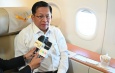 SAC Chairman Prime Minister Senior General Min Aung Hlaing who attended the the military parade to mark the 80th Anniversary of the Victory in the Great Patriotic War 1941-1945 of the Russian Federation gives interviews to media onboard the special flight on his return to Myanmar