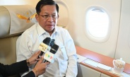 SAC Chairman Prime Minister Senior General Min Aung Hlaing who attended the the military parade to mark the 80th Anniversary of the Victory in the Great Patriotic War 1941-1945 of the Russian Federation gives interviews to media onboard the special flight on his return to Myanmar