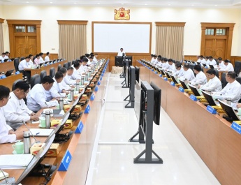 Chairman of State Administration Council Prime Minister Senior GeneralMin Aung Hlaing addresses SAC government meeting
