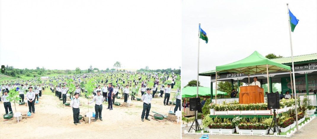 Chairman of State Administration Council Prime Minister Senior General Min Aung Hlaing plants a gangaw sapling at the first monsoon tree-planting ceremony for 2025 of Nay Pyi Taw, Union Territory