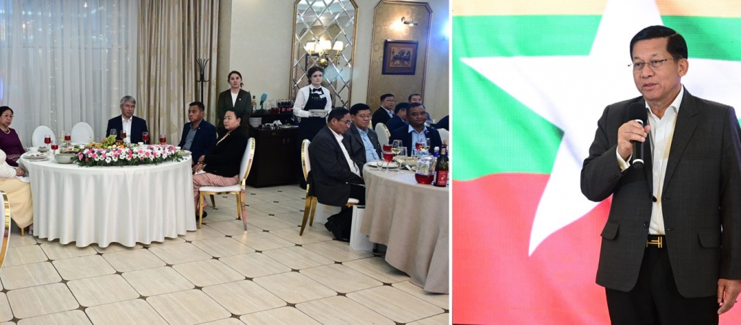 နိုင်ငံတော်စီမံအုပ်ချုပ်ရေးကောင်စီဥက္ကဋ္ဌ နိုင်ငံတော်ဝန်ကြီးချုပ် ဗိုလ်ချုပ်မှူးကြီးမင်းအောင်လှိုင်နှင့်ဇနီး  ဒေါ်ကြူကြူလှ ဦးဆောင်သည့် မြန်မာအဆင့်မြင့်ကိုယ်စားလှယ်အဖွဲ့အား  ရုရှားဖက်ဒရေးရှင်းနိုင်ငံ၊ Buryatia ပြည်နယ်၊ ပြည်နယ်အကြီးအကဲက ဂုဏ်ပြုညစာဖြင့်တည်ခင်းဧည့်ခံ
