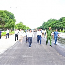 State Administration Council Chairman Prime Minister Senior General Min Aung Hlaing inspects upgrading and repair of damaged sections on Yazahtarni Road in Nay Pyi Taw, affected by Mandalay earthquake