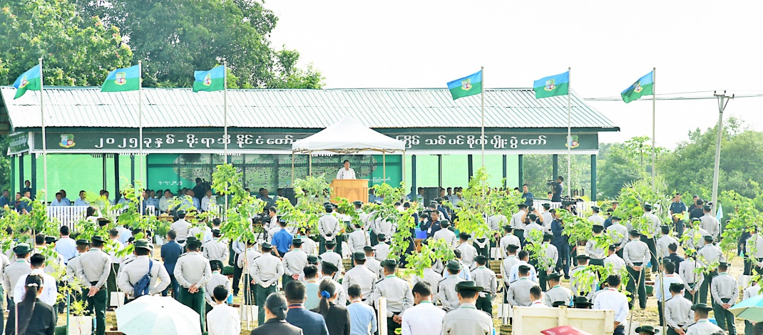 Chairman of State Administration Council Prime Minister Senior General Min Aung Hlaing plants star-flower sapling at 2nd monsoon tree-planting ceremony for 2025 of Nay Pyi Taw, Union Territory