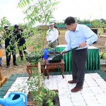 National-level public movement tree-growing ceremony 2025 held in Minbu Township, Minbu District of Magway Region to green 13 dry zones Chairman of the State Security and Peace Commission of the Republic of the Union of Myanmar Senior General Min Aung Hlaing grows neem sapling