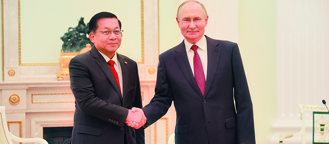 ပြည်ထောင်စုသမ္မတမြန်မာနိုင်ငံတော် ယာယီသမ္မတ နိုင်ငံတော်လုံခြုံရေးနှင့် အေးချမ်းသာယာရေးကော်မရှင်ဥက္ကဋ္ဌ ဗိုလ်ချုပ်မှူးကြီးမင်းအောင်လှိုင် ရုရှားဖက်ဒရေးရှင်းနိုင်ငံသမ္မတ H.E. Vladimir Vladimirovich Putin နှင့်တွေ့ဆုံဆွေးနွေး