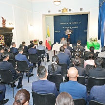 ပြည်ထောင်စုသမ္မတမြန်မာနိုင်ငံတော် ယာယီသမ္မတ နိုင်ငံတော်လုံခြုံရေးနှင့် အေးချမ်းသာယာရေး ကော်မရှင်ဥက္ကဋ္ဌ ဗိုလ်ချုပ်မှူးကြီးမင်းအောင်လှိုင် ရုရှားဖက်ဒရေးရှင်းနိုင်ငံဆိုင်ရာ မြန်မာသံရုံး၊  စစ်သံရုံးမိသားစုများ၊ ပညာတော်သင် သင်တန်းသားများအား တွေ့ဆုံအမှာစကားပြောကြား