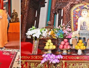Acting President of the Republic of the Union of Myanmar, Chairman of the State Security and Peace Commission of the Republic of the Union of Myanmar, Senior General Min Aung Hlaing and delegation members pay homage to sacred Buddha tooth relic at Lingguang Temple in Beijing