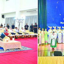 မြန်မာ-ရုရှား-ဘယ်လာရုစ် (၃) နိုင်ငံပူးပေါင်းဖျော်ဖြေတင်ဆက်မှုအခမ်းအနားကျင်းပ  ပြည်ထောင်စု သမ္မတမြန်မာနိုင်ငံတော် ယာယီသမ္မတ နိုင်ငံတော်လုံခြုံရေးနှင့်အေးချမ်းသာယာရေးကော်မရှင်ဥက္ကဋ္ဌ ဗိုလ်ချုပ်မှူးကြီးမင်းအောင်လှိုင် တက်ရောက်ကြည့်ရှုအားပေး