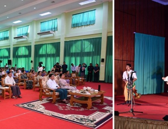 ပြည်ထောင်စုသမ္မတမြန်မာနိုင်ငံတော်ယာယီသမ္မတနိုင်ငံတော်လုံခြုံရေးနှင့်အေးချမ်းသာယာရေးကော်မရှင်ဥက္ကဋ္ဌဗိုလ်ချုပ်မှူးကြီးမင်းအောင်လှိုင်နှင့်ဇနီးဒေါ်ကြူကြူလှ(၂၆)ကြိမ်မြောက် မြန်မာ့ရိုးရာယဉ်ကျေးမှု အဆို၊ အက၊ အရေး၊ အတီး ပြိုင်ပွဲ ကျင်းပနေမှုများကို တက်ရောက်ကြည့်ရှုအားပေး