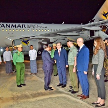 High-level delegation that could enhance friendship with the Russian Federation and the Republic of Kazakhstan led by Acting President of the Republic of the Union of Myanmar, Chairman of the State Security and Peace Commission of the Republic of the Union of Myanmar, Senior General Min Aung Hlaing arrives back in Myanmar