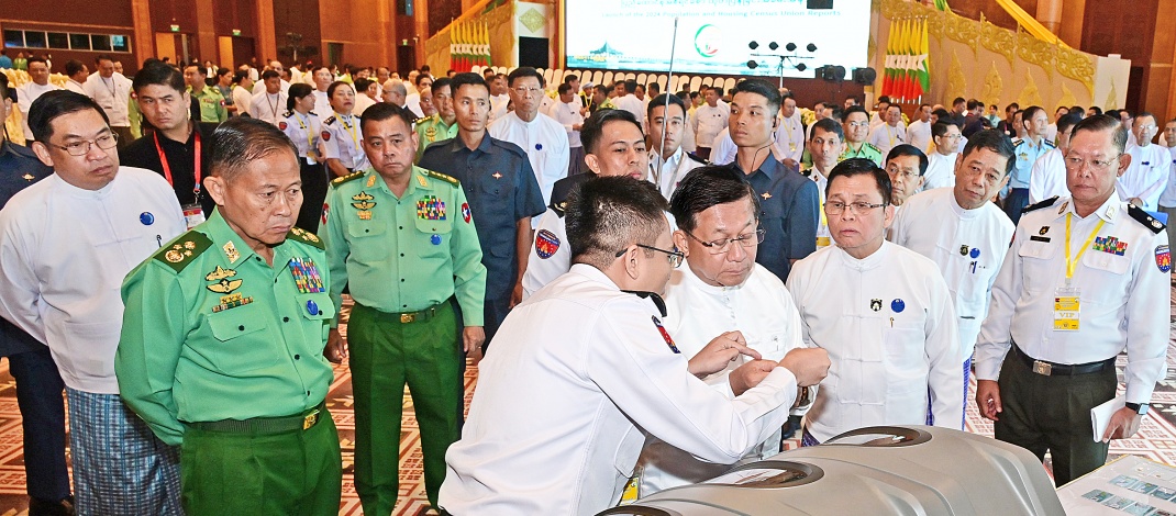 ပြည်ထောင်စုသမ္မတမြန်မာနိုင်ငံတော် ယာယီသမ္မတ နိုင်ငံတော်လုံခြုံရေးနှင့်အေးချမ်းသာယာရေးကော်မရှင်ဥက္ကဋ္ဌ ဗိုလ်ချုပ်မှူးကြီးမင်းအောင်လှိုင်  ၂၀၂၄ ခုနှစ် လူဦးရေနှင့်အိမ်အကြောင်းအရာသန်းခေါင်စာရင်း ပြည်ထောင်စုအစီရင်ခံစာ ထုတ်ပြန်ခြင်းအခမ်းအနားသို့ တက်ရောက်အမှာစကားပြောကြား