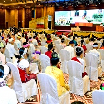 Acting President of the Republic of the Union of Myanmar, Chairman of State Security and Peace Commission of the Republic of the Union of Myanmar, Senior General Min Aung Hlaing meets students of the five-year education degree course No 7 of the University for Development of National Races