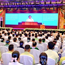 Acting President of the Republic of the Union of Myanmar, Chairman of the State Security and Peace Commission, Senior General Min Aung Hlaing delivers speech at the ceremony to release the Union report on population and household census 2024