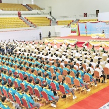 Ceremony to hand over the National Flag to the Myanmar sports contingent that will take part in the 33rd Southeast Asian Games held; Acting President of the Republic of the Union of Myanmar, Chairman of State Security and Peace Commission Senior General Min Aung Hlaing delivers address