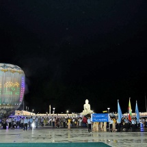 Acting President of the Republic of the Union of Myanmar, Chairman of the State Security and Peace Commission, Senior General Min Aung Hlaing and his wife Daw Kyu Kyu Hla attend the opening of weaving Mathoe golden lotus robes in Tazaungdine festival 2025 at Maravijaya Buddha Image