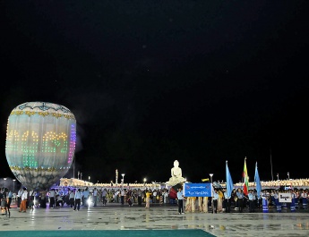 Acting President of the Republic of the Union of Myanmar, Chairman of the State Security and Peace Commission, Senior General Min Aung Hlaing and his wife Daw Kyu Kyu Hla attend the opening of weaving Mathoe golden lotus robes in Tazaungdine festival 2025 at Maravijaya Buddha Image