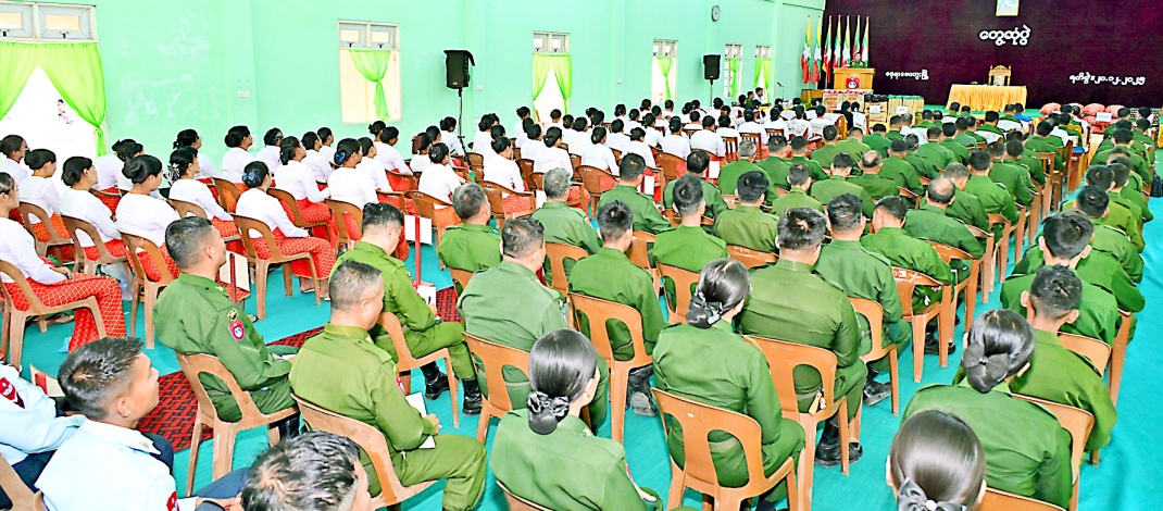 SSPC Chairman Commander-in-Chief of Defence Services Senior General Min Aung Hlaing gives instructions to officers, other ranks and families of Magway Station 