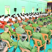 SSPC Chairman Commander-in-Chief of Defence Services Senior General Min Aung Hlaing gives instructions to officers, other ranks and families of Magway Station 