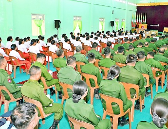 SSPC Chairman Commander-in-Chief of Defence Services Senior General Min Aung Hlaing gives instructions to officers, other ranks and families of Magway Station 