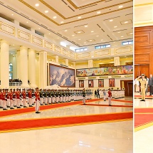 Acting President of the Republic of the Union of Myanmar, Chairman of  State Security and Peace Commission, Senior General Min Aung Hlaing welcomes President H.E. Mr. Aleksandr Lukashenko of the Republic of Belarus with a grand ceremony, and holds talks 