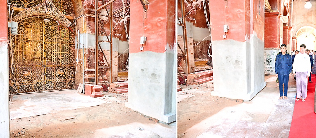 Acting President of the Republic of the Union of Myanmar, Chairman of State Security and  Peace Commission, Senior General Min Aung Hlaing pays obeisance to Maha Muni Pagoda,  inspects renovation of damaged religious edifice caused by earthquake  