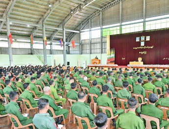 Chairman of State Security and Peace Commission Commander-in-Chief of Defence Services Senior General Min Aung Hlaing inspects security measures taken at Eastern Central Command area, meets with officers, other ranks and families of Kolam Station