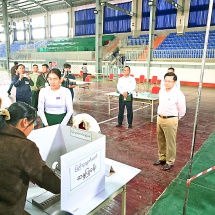 Acting President of the Republic of the Union of Myanmar, Chairman of State Security and Peace Commission, Senior General Min Aung Hlaing visits voters casting ballots at the Phase 3 of the 2025 Multi-party Democracy General Election of the Republic of the Union of Myanmar at the relevant polling stations