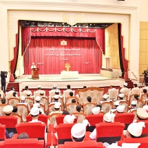 Acting President of the Republic of the Union of Myanmar SSPC Chairman Senior General Thadoe Maha Thray Sithu Thadoe Thiri Thudhamma Min Aung Hlaing attends the honorary titles conferring ceremony to mark 78th Anniversary of Independence Day