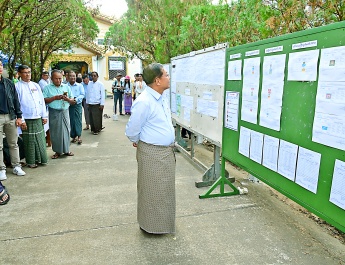 Acting President of the Republic of the Union of Myanmar, Chairman of State Security and Peace Commission Senior General Min Aung Hlaing visits voters casting ballots at the Phase 2 of the 2025 Multi-party Democracy General Election of the Republic of the Union of Myanmar at the relevant polling stations