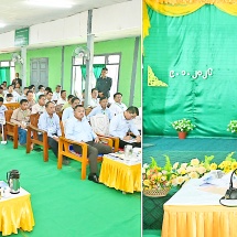 Acting President of the Republic of the Union of Myanmar, SSPC Chairman Senior General Min Aung Hlaing discusses regional develoment activities with township-level departmental officials and town elders in Thabaung 