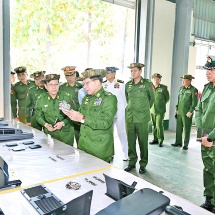 SSPC Chairman Commander-in-Chief of Defence Services Senior General Min Aung Hlaing inspects assembling and manufacturing of agricultural machinery and automobiles at local Tatmadaw Heavy Industries in Hsinde and Htonbo