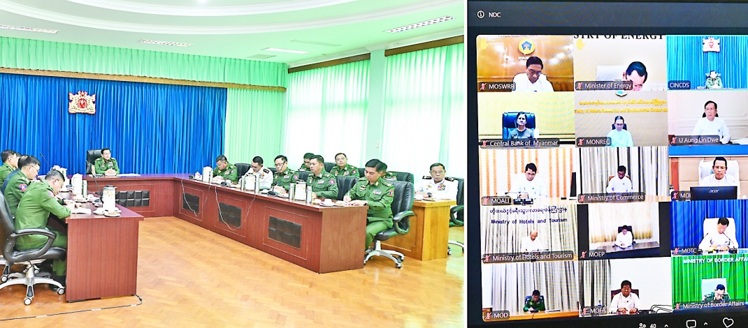 Acting President of the Republic of the Union of Myanmar and Commander-in-Chief of Defence Services Senior General Min Aung Hlaing gives guidance to senior officer instructors and senior officer trainees of National Defence College through video conferencing 