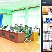 Acting President of the Republic of the Union of Myanmar and Commander-in-Chief of Defence Services Senior General Min Aung Hlaing gives guidance to senior officer instructors and senior officer trainees of National Defence College through video conferencing 