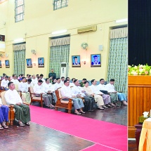 ပြည်ထောင်စုသမ္မတမြန်မာနိုင်ငံတော် ယာယီသမ္မတ နိုင်ငံတော်လုံခြုံရေးနှင့် အေးချမ်းသာ ယာရေး ကော်မရှင်ဥက္ကဋ္ဌ ဗိုလ်ချုပ်မှူးကြီးမင်းအောင်လှိုင်  ဝန်ကြီးဌာနအသီးသီးရှိ တက္ကသိုလ် ဒီဂရီကောလိပ် များမှ ပါမောက္ခချုပ်များ၊ ကျောင်းအုပ်ကြီးများနှင့် ဒုတိယပါမောက္ခချုပ်များအား တွေ့ဆုံအမှာစကား ပြောကြား 