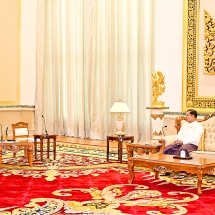 Acting President of the Republic of the Union of Myanmar, Chairman of the State Security and Peace Commission, Senior General Min Aung Hlaing receives State Space Corporation “Roscosmos” Director General