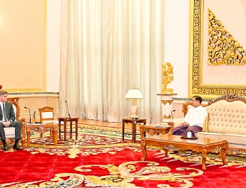Acting President of the Republic of the Union of Myanmar, Chairman of the State Security and Peace Commission, Senior General Min Aung Hlaing receives State Space Corporation “Roscosmos” Director General