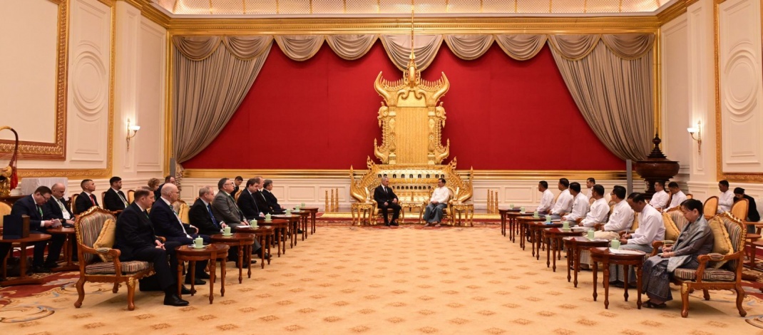 ပြည်ထောင်စုသမ္မတမြန်မာနိုင်ငံတော် ယာယီသမ္မတ နိုင်ငံတော်လုံခြုံရေးနှင့်အေးချမ်း သာယာရေး ကော်မရှင်ဥက္ကဋ္ဌဗိုလ်ချုပ်မှူးကြီးမင်းအောင်လှိုင် ရုရှားဖက်ဒရေးရှင်းနိုင်ငံလုံခြုံရေးကောင်စီအတွင်း ရေးမှူး H.E.Mr. Sergey SHOIGU ဦးဆောင်သည့်ကိုယ်စားလှယ်အဖွဲ့အား လက်ခံတွေ့ဆုံ 