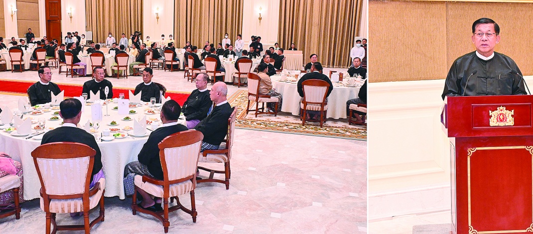 ပြည်ထောင်စုသမ္မတမြန်မာနိုင်ငံတော် ယာယီသမ္မတ နိုင်ငံတော်လုံခြုံရေးနှင့်အေးချမ်းသာယာရေးကော်မရှင်ဥက္ကဋ္ဌ ဗိုလ်ချုပ်မှူးကြီးမင်းအောင်လှိုင်က အပြည်ပြည်ဆိုင်ရာတရားရုံး(ICJ) ၌ တရားရင်ဆိုင်ကြားနာပွဲသို့ သွားရောက်ဖြေရှင်းခဲ့သည့် မြန်မာကိုယ်စားလှယ်အဖွဲ့အား ဂုဏ်ပြုညစာစားပွဲဖြင့် တည်ခင်းဧည့်ခံ