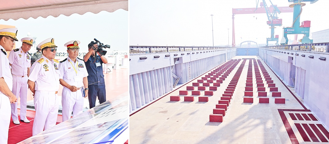 နိုင်ငံတော်လုံခြုံရေးနှင့်အေးချမ်းသာယာရေးကော်မရှင်ဥက္ကဋ္ဌ  တပ်မတော်ကာကွယ်ရေးဦးစီးချုပ်  ဗိုလ်ချုပ်မှူးကြီးမင်းအောင်လှိုင် ရေတပ်သင်္ဘောကျင်းဌာနချုပ် တန် ၄၀၀၀၀ ရေလုံလွန်းကျင်းဖွင့်ပွဲနှင့် တပ်မတော်(ရေ)စစ်ရေယာဉ်များ တပ်တော်ဝင်ခြင်းအခမ်းအနားသို့ တက်ရောက်ချီးမြှင့် 