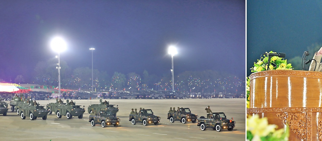 Parade of 81st Anniversary Armed Forces Day held; Chairman of the State Security and Peace Commission Commander-in-Chief of Defence Services Senior General Thadoe Maha Thray  Sithu Thadoe Thiri Thudhamma Min Aung Hlaing delivers address