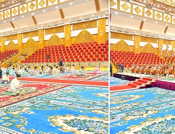 Acting President of the Republic of the Union of Myanmar, Chairman of the State Security and Peace Commission Senior General Min Aung Hlaing and wife Daw Kyu Kyu Hla offer day meal to Sayadaws who will be conferred on religious titles for 2026