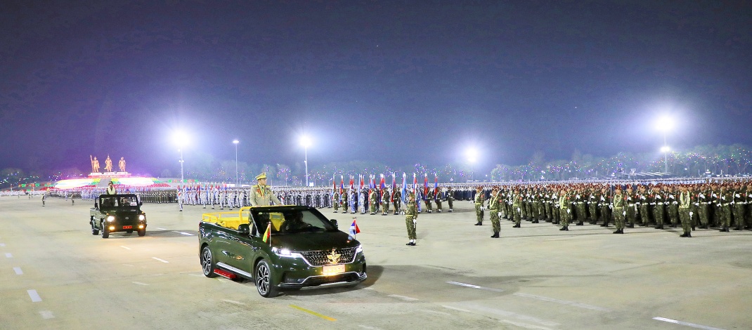 (၈၁)နှစ်မြောက် တပ်မတော်နေ့စစ်ရေးပြအခမ်းအနားကျင်းပပြုလုပ် နိုင်ငံတော်လုံခြုံရေးနှင့်အေးချမ်းသာယာရေးကော်မရှင်ဥက္ကဋ္ဌ တပ်မတော်ကာကွယ်ရေးဦးစီးချုပ် ဗိုလ်ချုပ်မှူးကြီး သတိုးမဟာသရေစည်သူ သတိုးသီရိသုဓမ္မမင်းအောင်လှိုင် တက်ရောက်မိန့်ခွန်းပြောကြား